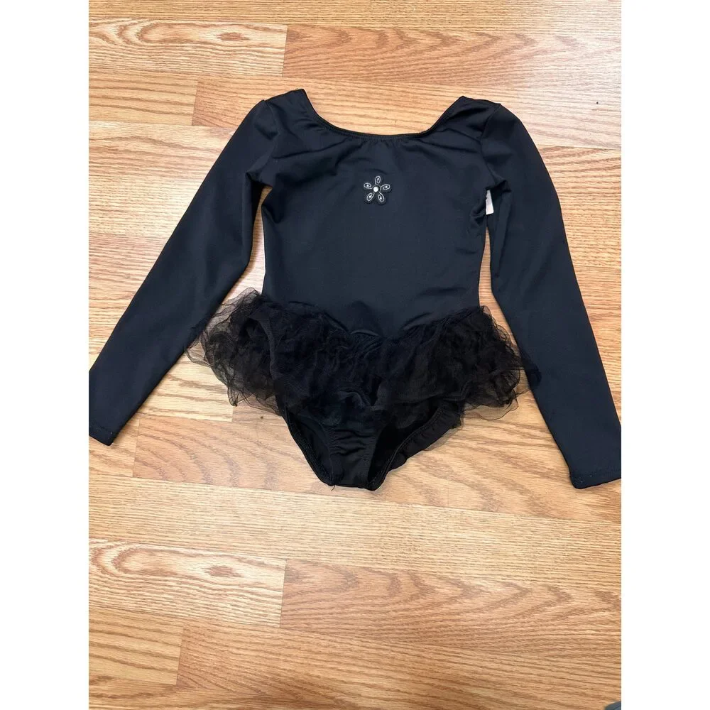 Pre-Owned Dance Leotard Dress Motionwear 6x-7 Child Black Long Sleeve Sparkle B